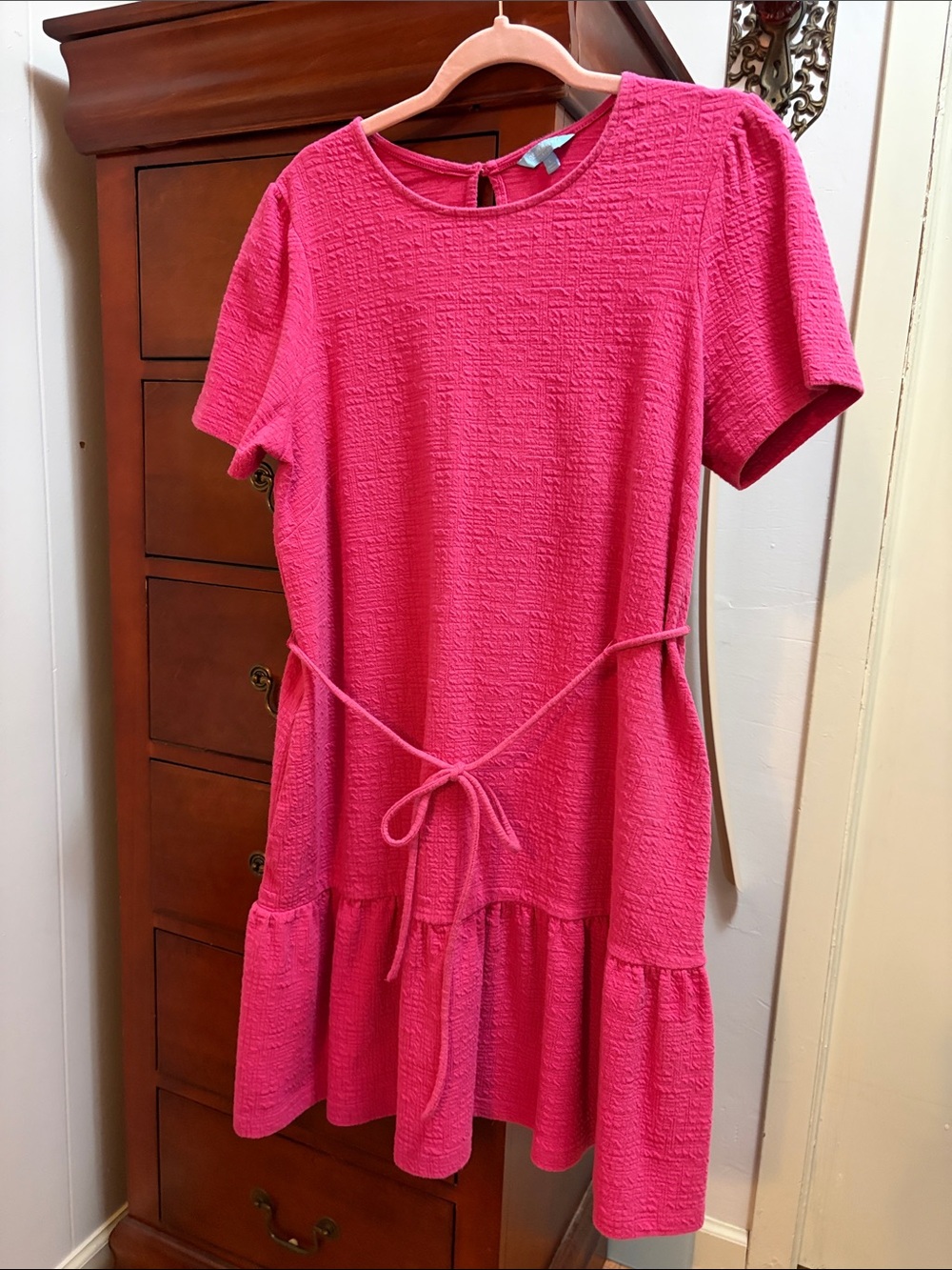 Draper James Hot Pink Textured Tie-Waist Casual Dress